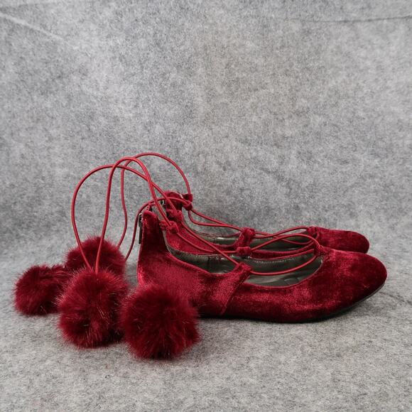 Sugar Shoes Kids 13 Ballet Flats Pom Pom Tie Red Round Toe Faux Fur Lollipop - Picture 1 of 9